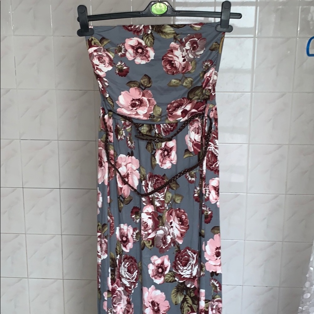 Grey & Pink Floral Maxi Vacation Dress - Sz M